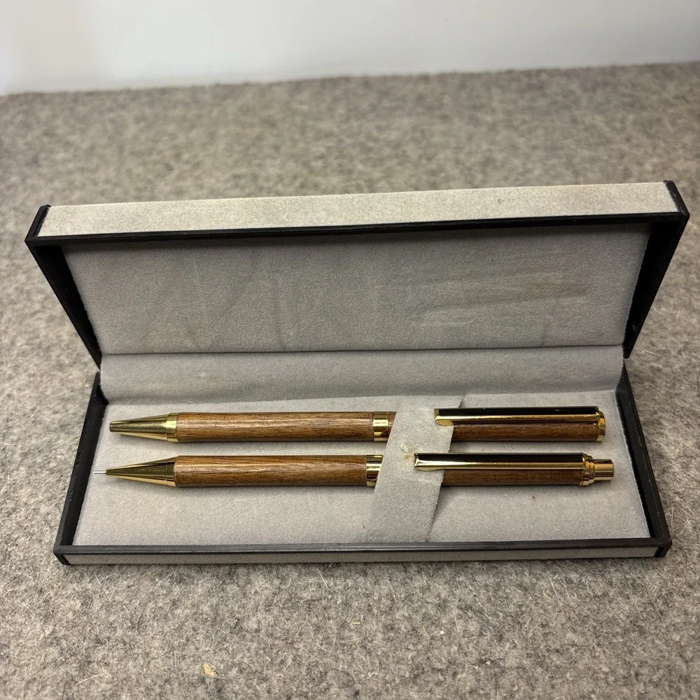 Vintage Wood Pen & Mechancal Pencil Set Gold Tone Trim Presentation Box